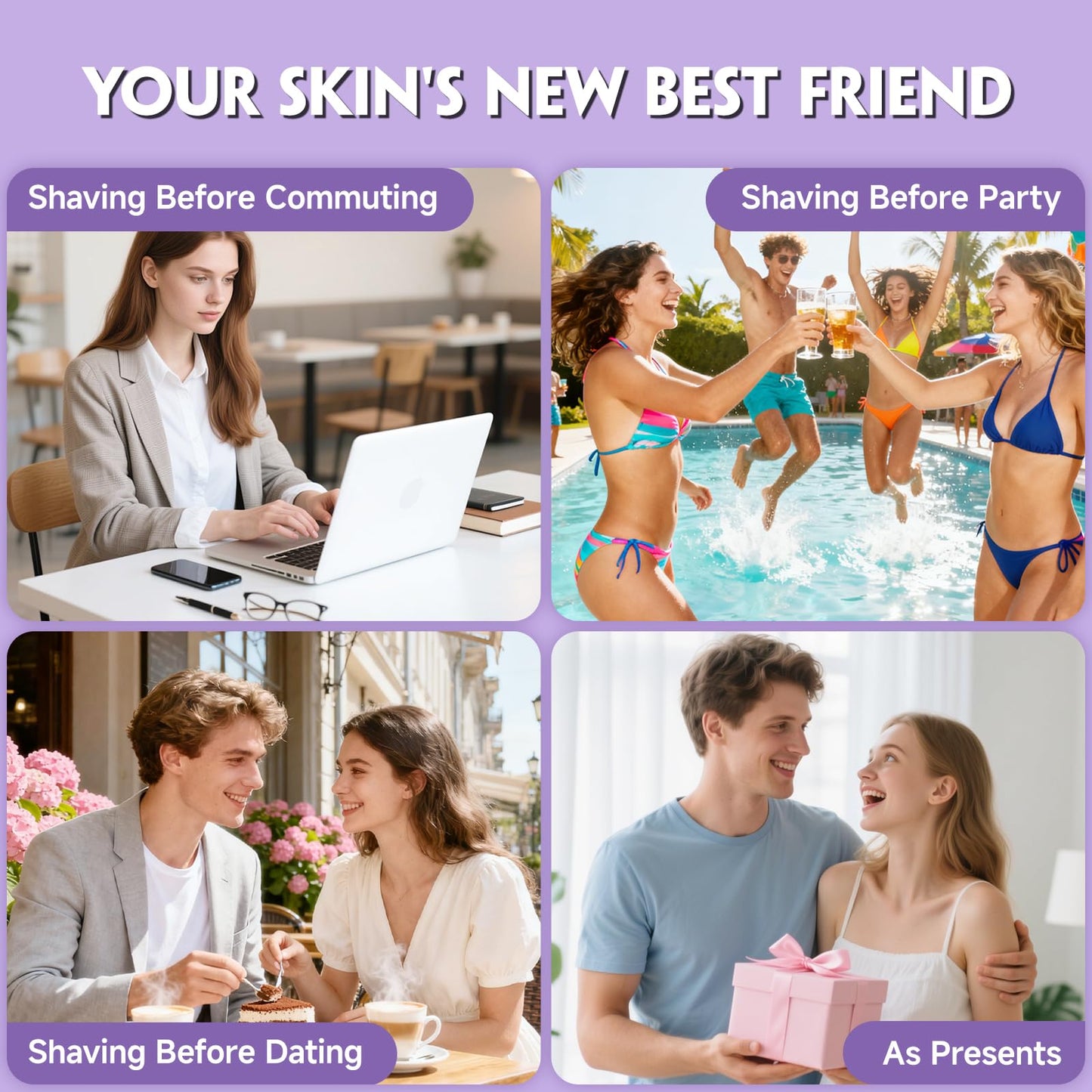 Lady Shavers for Women 3-in-1, Tiovara Painless Electric Razors Shaver IPX7 Waterproof Cordless Body Hair Trimmer Pubic Hair Removal with USB Charge Dock for Underarm Leg Arm Body Face (Purple)