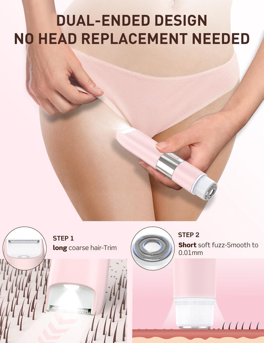 Bikini Trimmer Women 2-in-1 Facial Hair Remover for Women,USB-C Razors Woman,Dual Head Shaver Woman with Light for Intimate,Lady Shavers for Pubic Hair for Lip Underarm Body,Travel Lock,Pink