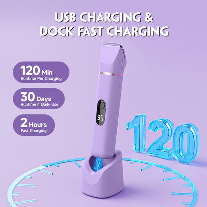 Lady Shavers for Women 3-in-1, Tiovara Painless Electric Razors Shaver IPX7 Waterproof Cordless Body Hair Trimmer Pubic Hair Removal with USB Charge Dock for Underarm Leg Arm Body Face (Purple)