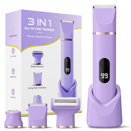 Lady Shavers for Women 3-in-1, Tiovara Painless Electric Razors Shaver IPX7 Waterproof Cordless Body Hair Trimmer Pubic Hair Removal with USB Charge Dock for Underarm Leg Arm Body Face (Purple)