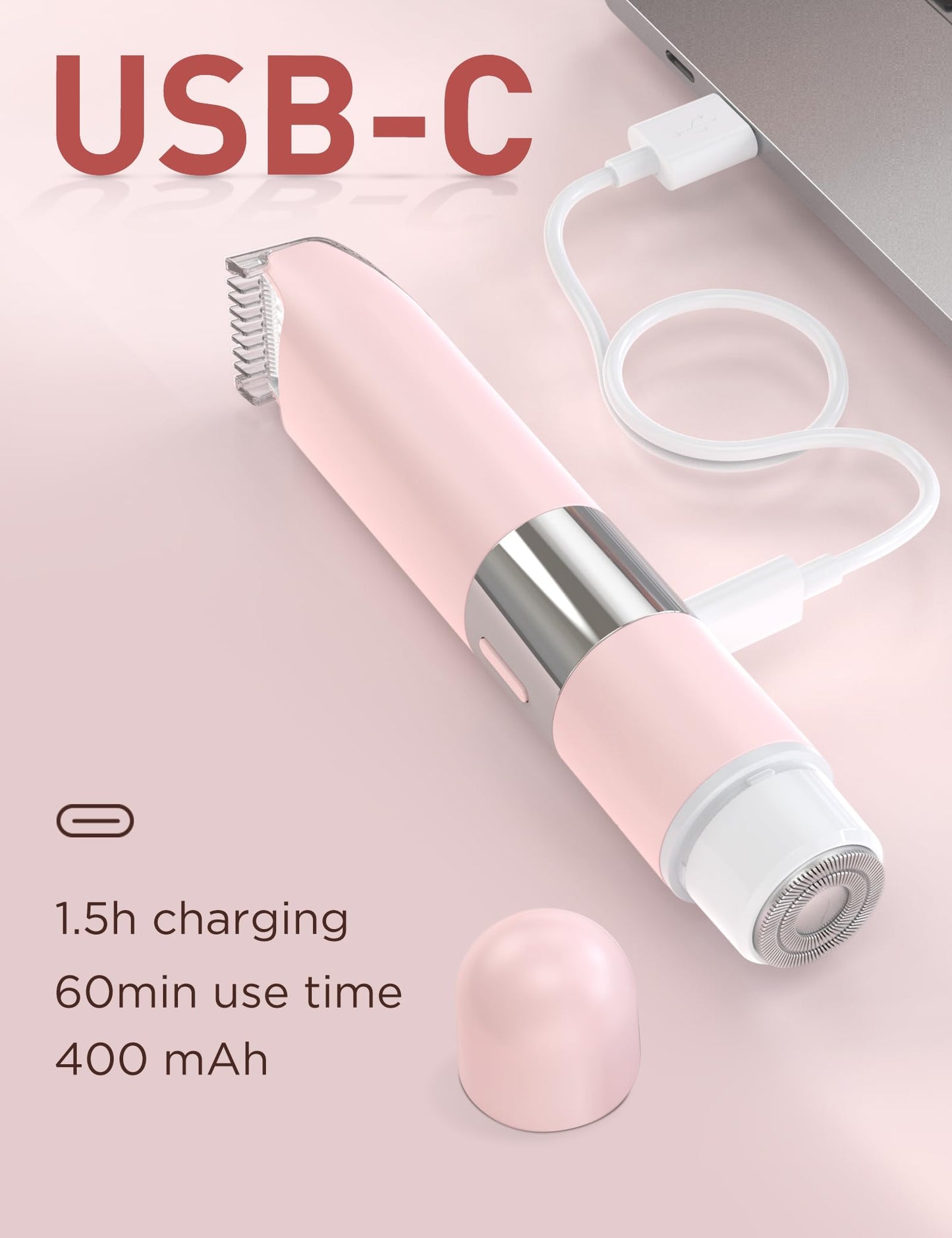 Bikini Trimmer Women 2-in-1 Facial Hair Remover for Women,USB-C Razors Woman,Dual Head Shaver Woman with Light for Intimate,Lady Shavers for Pubic Hair for Lip Underarm Body,Travel Lock,Pink