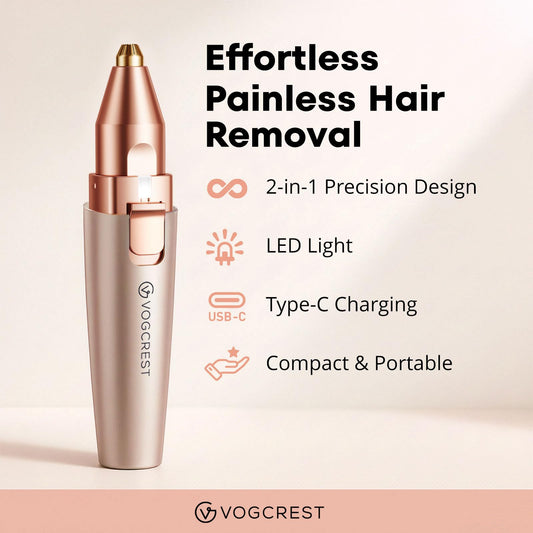 VG VOGCREST Eyebrow Facial Trimmer: 2 in1 Rechargeable Facial Hair Removal and Eyebrow Shaver - Face Lips Body Painless Facial Razor with Built-in LED Light (Rose Gold)