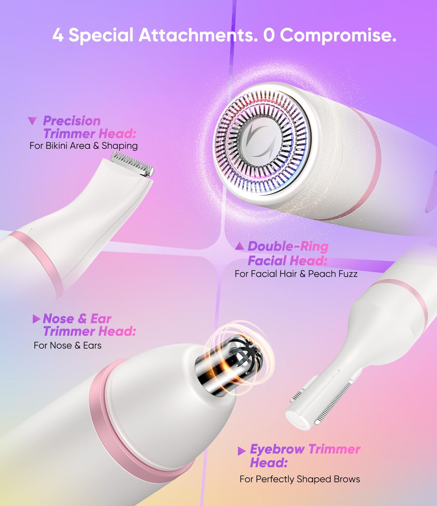 Facial Hair Remover for Women,4-in-1 Bikini Trimmer Women,USB C Mini Lady Shavers with 4-Level Battery Indicator (25%, 50%, 75%, 100%) Eyebrow Razor,Nose Trimmer,for Face Nose/Ear Body,Easy to Clean