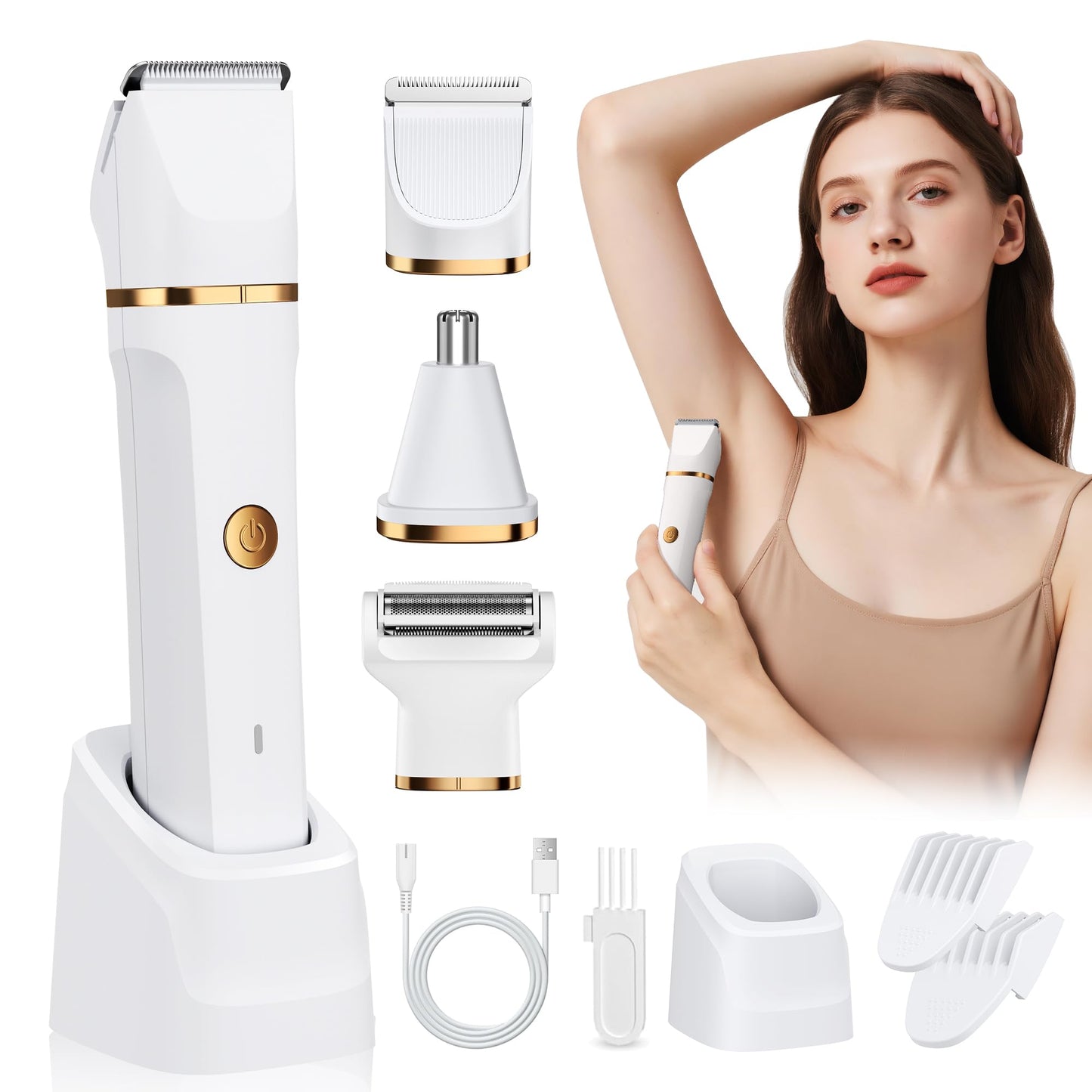 Lady Shavers for Women 3-in-1,Bikini Trimmer Woman IPX7 Waterproof,Nose Trimmer Rechargeable,Pubic Hair Trimmer for Women Wet and Dry,Painless Electric Foil Shaver for Body,Arms Legs Underarms, White