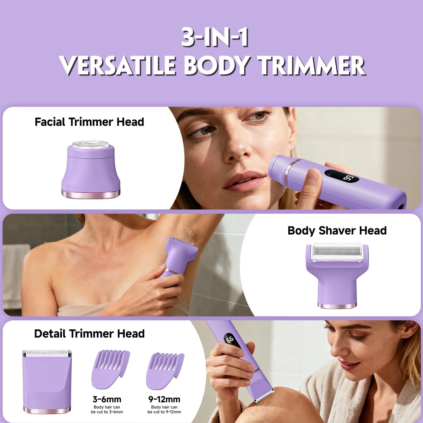 Lady Shavers for Women 3-in-1, Tiovara Painless Electric Razors Shaver IPX7 Waterproof Cordless Body Hair Trimmer Pubic Hair Removal with USB Charge Dock for Underarm Leg Arm Body Face (Purple)