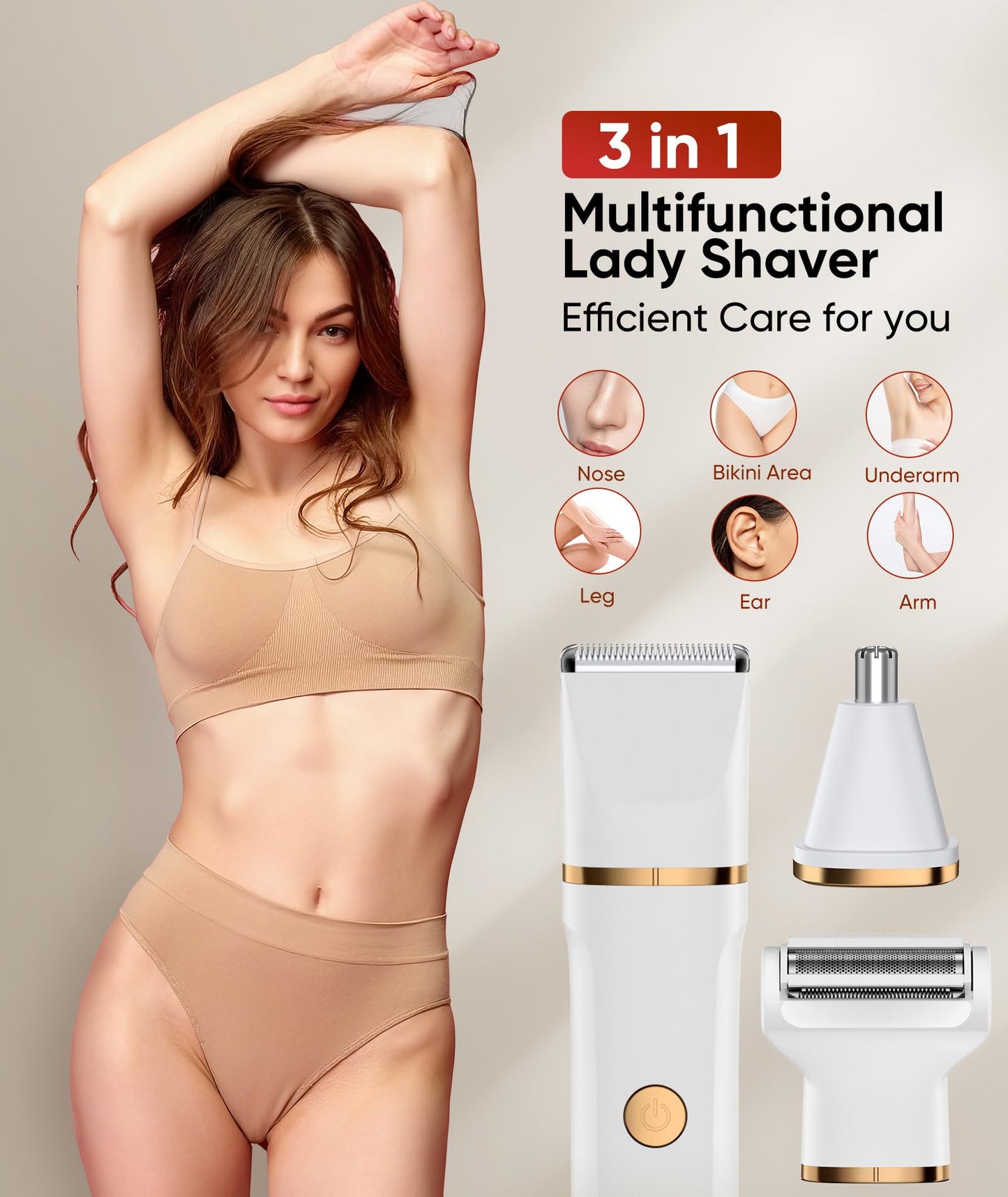 Lady Shavers for Women 3-in-1,Bikini Trimmer Woman IPX7 Waterproof,Nose Trimmer Rechargeable,Pubic Hair Trimmer for Women Wet and Dry,Painless Electric Foil Shaver for Body,Arms Legs Underarms, White