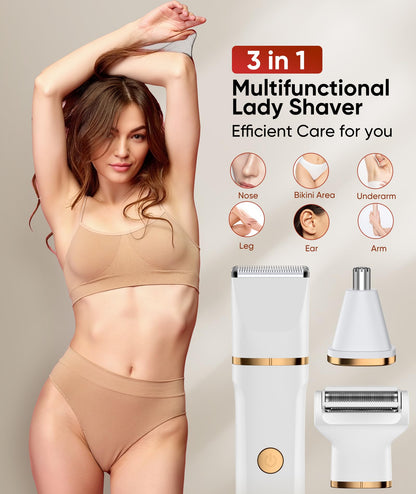 Lady Shavers for Women 3-in-1,Bikini Trimmer Woman IPX7 Waterproof,Nose Trimmer Rechargeable,Pubic Hair Trimmer for Women Wet and Dry,Painless Electric Foil Shaver for Body,Arms Legs Underarms, White