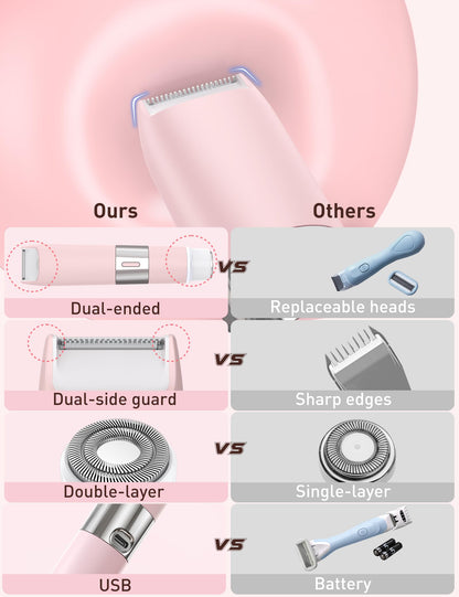 Bikini Trimmer Women 2-in-1 Facial Hair Remover for Women,USB-C Razors Woman,Dual Head Shaver Woman with Light for Intimate,Lady Shavers for Pubic Hair for Lip Underarm Body,Travel Lock,Pink