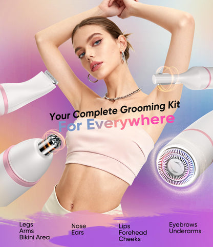 Facial Hair Remover for Women,4-in-1 Bikini Trimmer Women,USB C Mini Lady Shavers with 4-Level Battery Indicator (25%, 50%, 75%, 100%) Eyebrow Razor,Nose Trimmer,for Face Nose/Ear Body,Easy to Clean