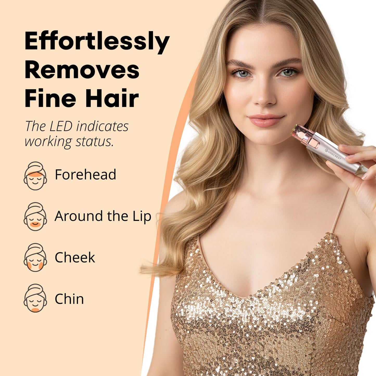 VG VOGCREST Eyebrow Facial Trimmer: 2 in1 Rechargeable Facial Hair Removal and Eyebrow Shaver - Face Lips Body Painless Facial Razor with Built-in LED Light (Rose Gold)