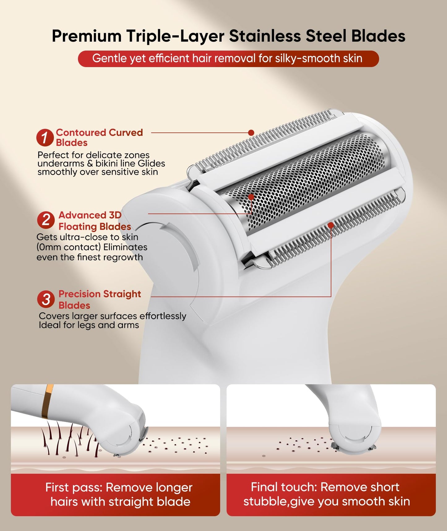 Lady Shavers for Women 3-in-1,Bikini Trimmer Woman IPX7 Waterproof,Nose Trimmer Rechargeable,Pubic Hair Trimmer for Women Wet and Dry,Painless Electric Foil Shaver for Body,Arms Legs Underarms, White