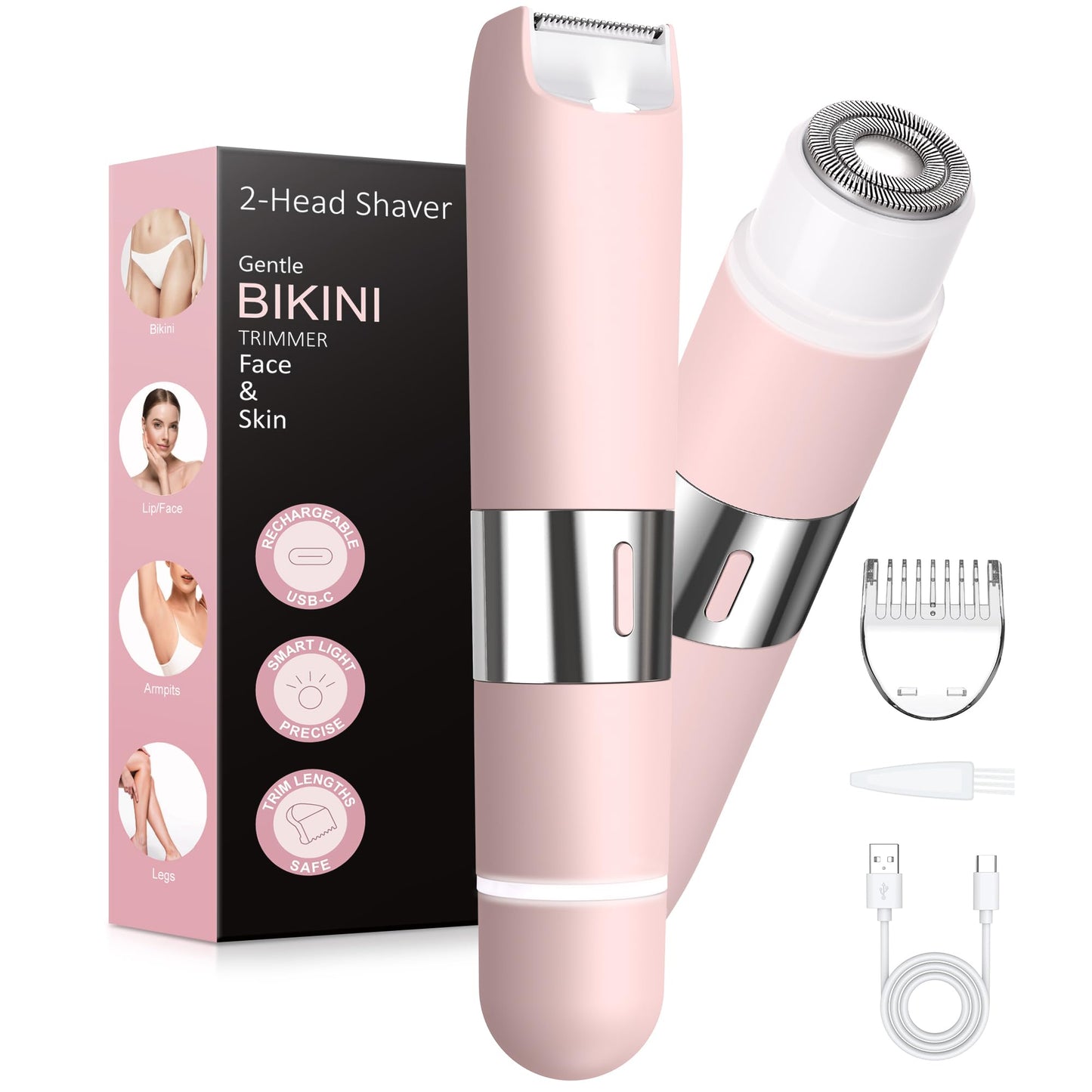 Bikini Trimmer Women 2-in-1 Facial Hair Remover for Women,USB-C Razors Woman,Dual Head Shaver Woman with Light for Intimate,Lady Shavers for Pubic Hair for Lip Underarm Body,Travel Lock,Pink