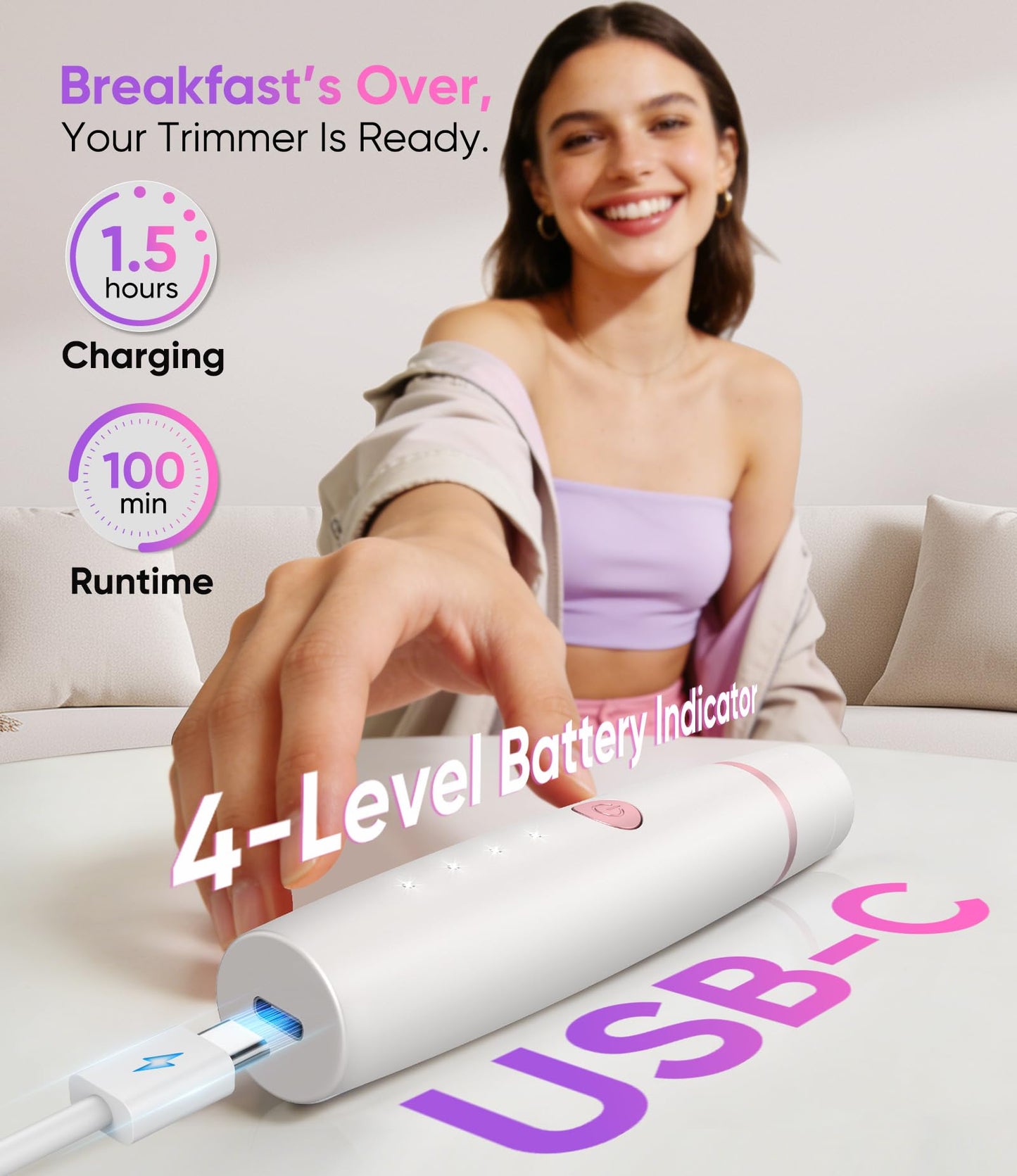 Facial Hair Remover for Women,4-in-1 Bikini Trimmer Women,USB C Mini Lady Shavers with 4-Level Battery Indicator (25%, 50%, 75%, 100%) Eyebrow Razor,Nose Trimmer,for Face Nose/Ear Body,Easy to Clean