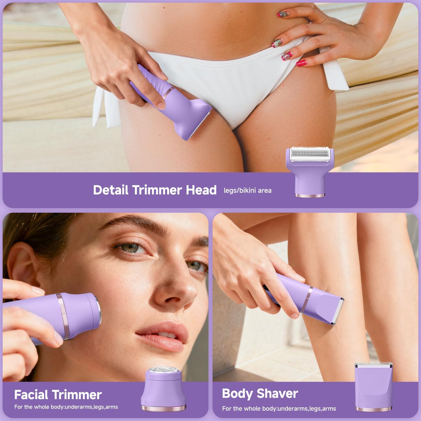 Lady Shavers for Women 3-in-1, Tiovara Painless Electric Razors Shaver IPX7 Waterproof Cordless Body Hair Trimmer Pubic Hair Removal with USB Charge Dock for Underarm Leg Arm Body Face (Purple)