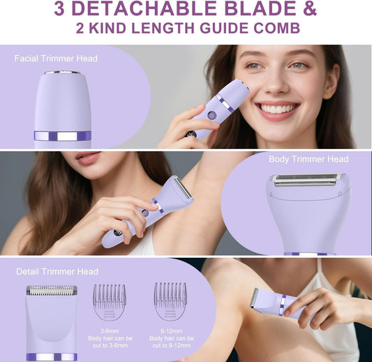 3-in-1 Electric Razor IPX7 Waterproof Bikini Trimmer Wet & Dry Use Painless Personal Trimmer Groomer for Ladies Face Body Legs Bikini Public Hairs Electric Lady Shaver with Replaceable Heads
