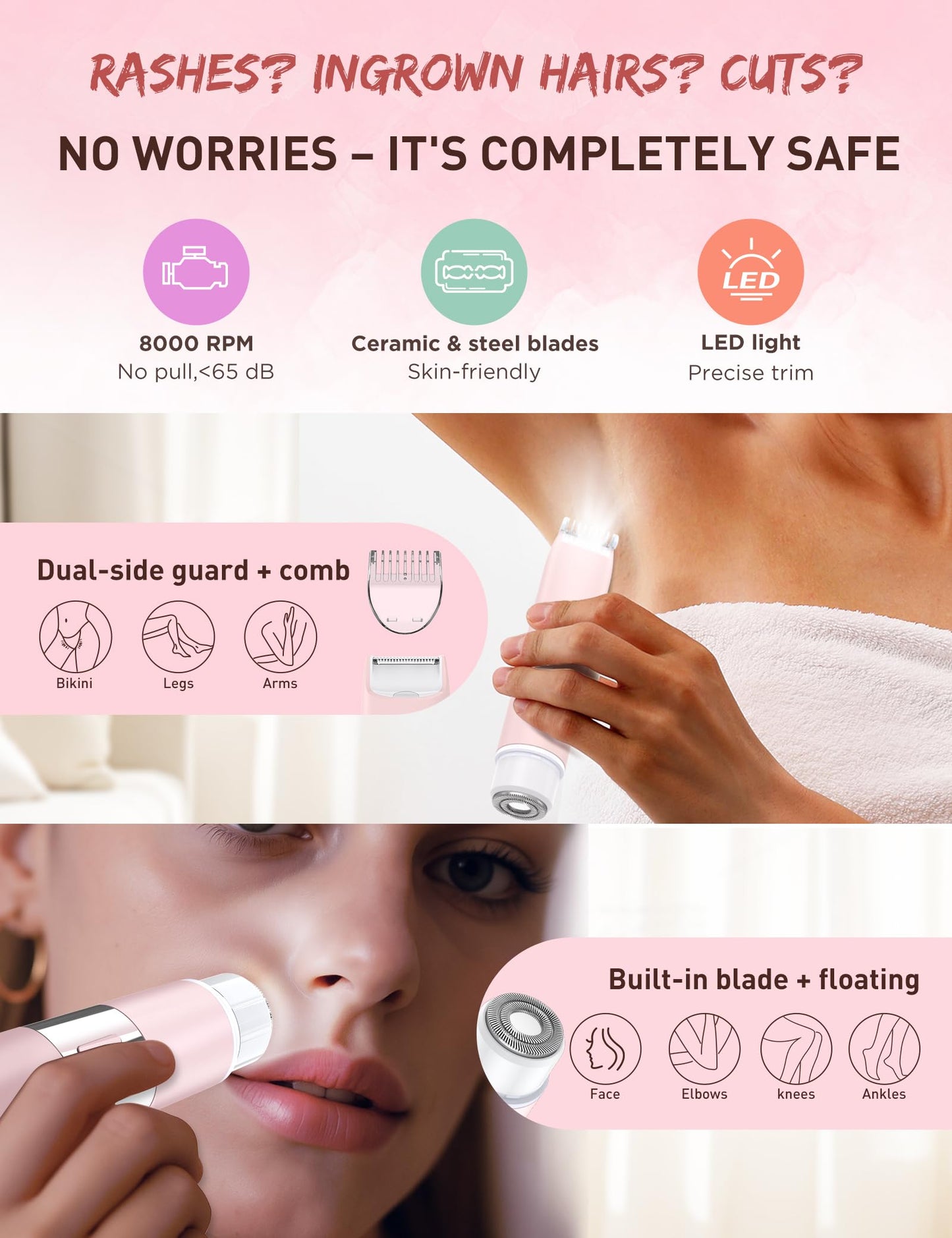 Bikini Trimmer Women 2-in-1 Facial Hair Remover for Women,USB-C Razors Woman,Dual Head Shaver Woman with Light for Intimate,Lady Shavers for Pubic Hair for Lip Underarm Body,Travel Lock,Pink