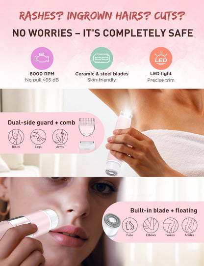 Bikini Trimmer Women 2-in-1 Facial Hair Remover for Women,USB-C Razors Woman,Dual Head Shaver Woman with Light for Intimate,Lady Shavers for Pubic Hair for Lip Underarm Body,Travel Lock,Pink
