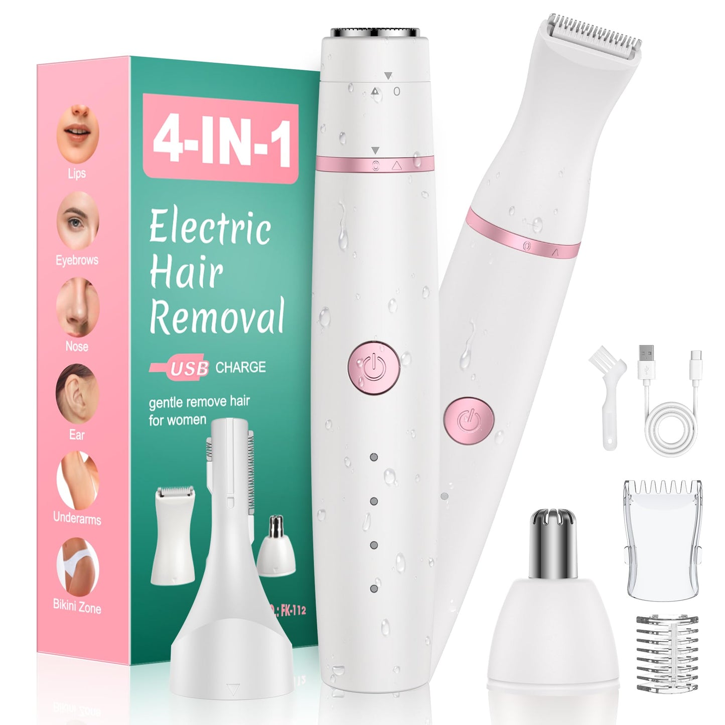 Facial Hair Remover for Women,4-in-1 Bikini Trimmer Women,USB C Mini Lady Shavers with 4-Level Battery Indicator (25%, 50%, 75%, 100%) Eyebrow Razor,Nose Trimmer,for Face Nose/Ear Body,Easy to Clean
