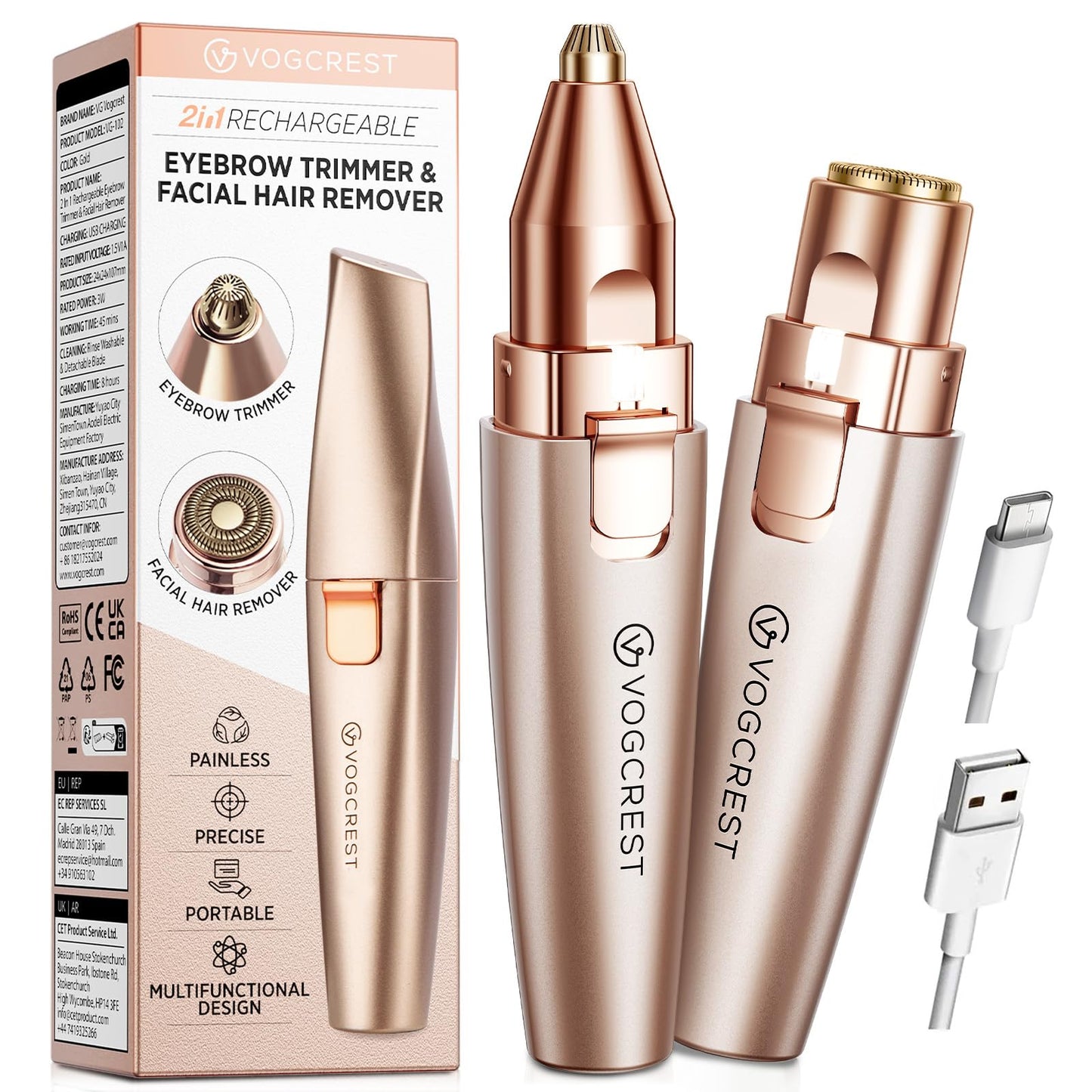 VG VOGCREST Eyebrow Facial Trimmer: 2 in1 Rechargeable Facial Hair Removal and Eyebrow Shaver - Face Lips Body Painless Facial Razor with Built-in LED Light (Rose Gold)